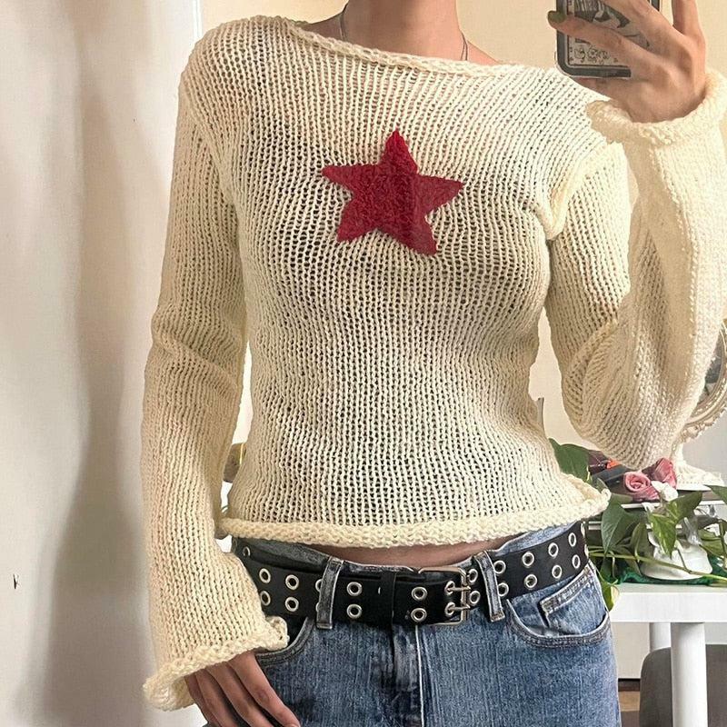 Y2K Fashion Star Embroidery Knitted Top - Trendy 2000s Style Essential