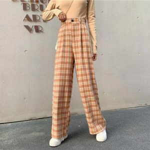 Y2K Fashion Straight Leg Plaid Pants - 2000s Style Aesthetic Outfit