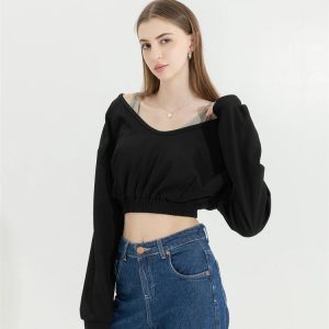 Y2K Fashion Strap Detailed Wide Neck Crop Sweatshirt - 2000s Style