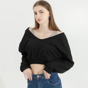 Y2K Fashion Strap Detailed Wide Neck Crop Sweatshirt - 2000s Style