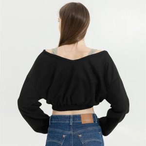 Y2K Fashion Strap Detailed Wide Neck Crop Sweatshirt - 2000s Style