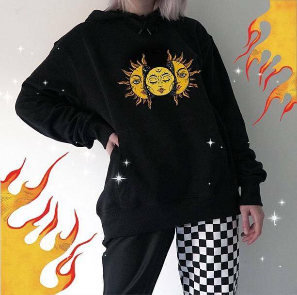 Y2K Fashion Sun Moon Face Hoodie - Trendy 2000s Style Aesthetic