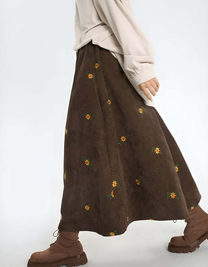 Y2K Fashion Sunflower Embroidered Corduroy Maxi Skirt - 2000s Style