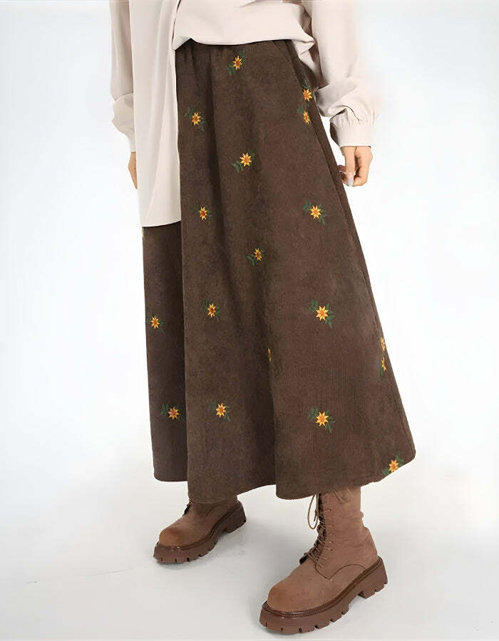 Y2K Fashion Sunflower Embroidered Corduroy Maxi Skirt - 2000s Style