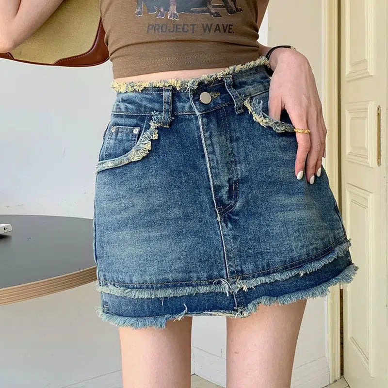 Y2K Fashion Tasseled Denim Mini Skort - Trendy 2000s Style Outfit