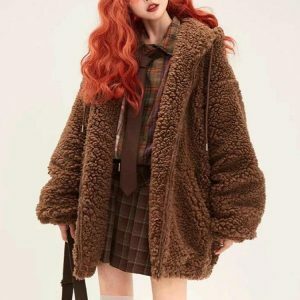 Y2K Fashion Teddy Bear Jacket - Trendy 2000s Style Outerwear