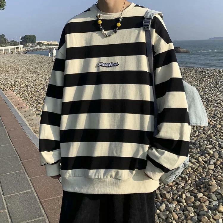 Y2K Fashion Unisex Embroidered Striped Sweatshirt - 2000s Style Essential