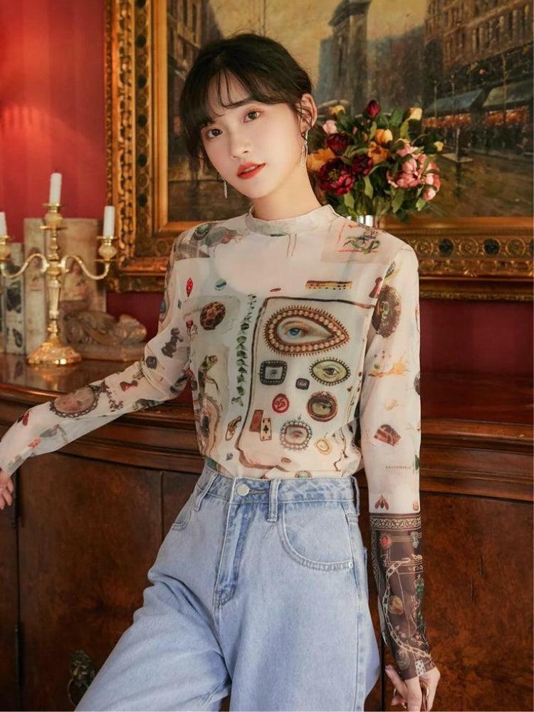 Y2K Fashion Vintage Symbols Sheer Top - Trendy 2000s Style Essential