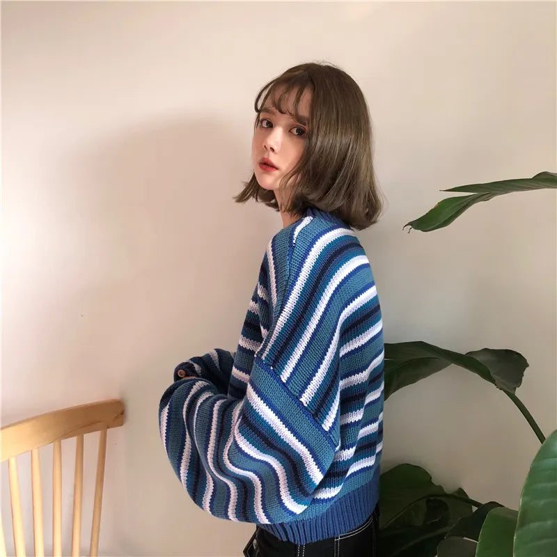 Y2K Fashion Wide Sleeved Striped Knitted Sweater - 2000s Style Essential