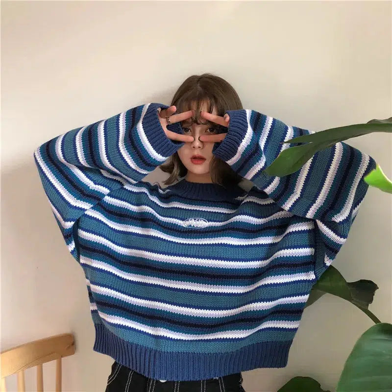 Y2K Fashion Wide Sleeved Striped Knitted Sweater - 2000s Style Essential