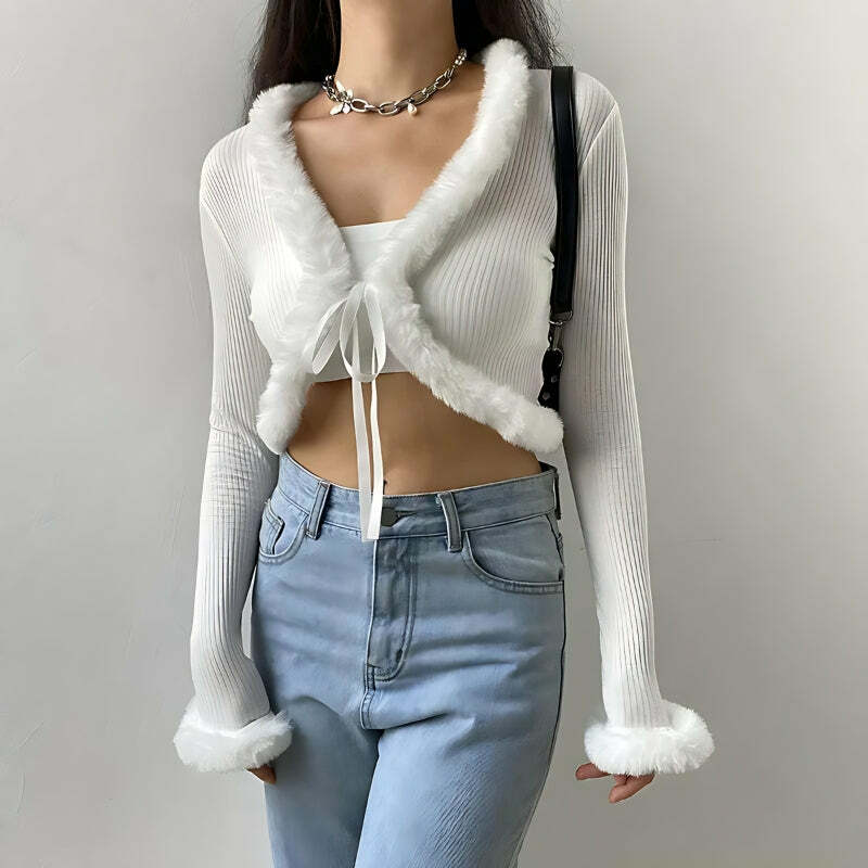 Y2K Faux Fur Corduroy Crop Cardigan - Trendy 2000s Style Essential