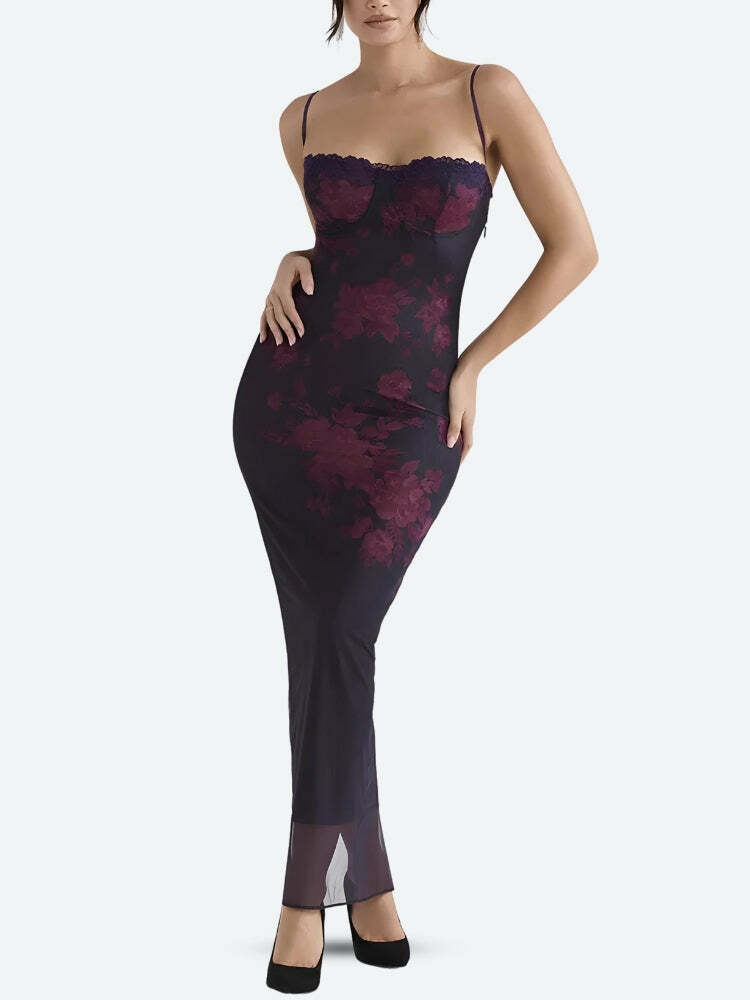 Y2K Floral Bodycon Lace-Up Mesh Maxi Dress - 2000s Fashion Aesthetic