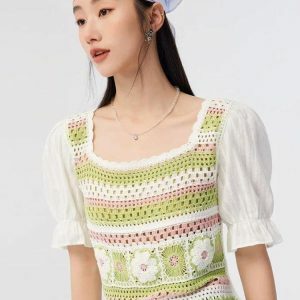 Y2K Floral Hollow Out Knitted Top - Trendy 2000s Style Women's Fashion