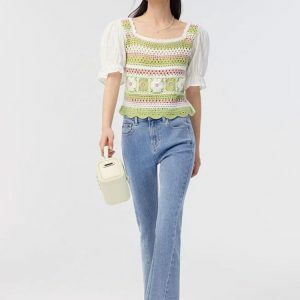 Y2K Floral Hollow Out Knitted Top - Trendy 2000s Style Women's Fashion