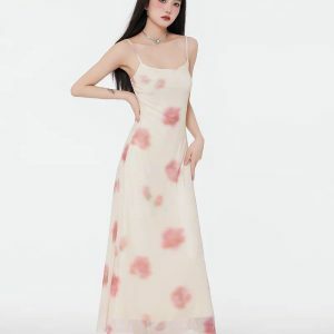 Y2K Floral Mesh Spaghetti Strap Maxi Dress - 2000s Fashion Aesthetic