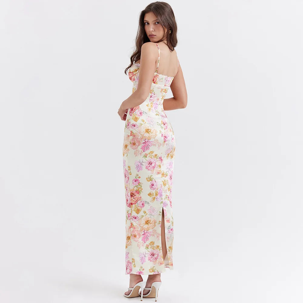 Y2K Floral Satin Maxi Dress - Trendy 2000s Style for Effortless Elegance