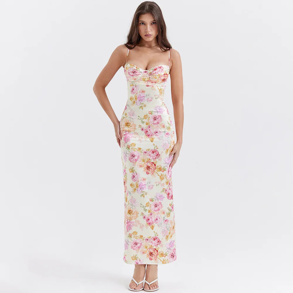 Y2K Floral Satin Maxi Dress - Trendy 2000s Style for Effortless Elegance