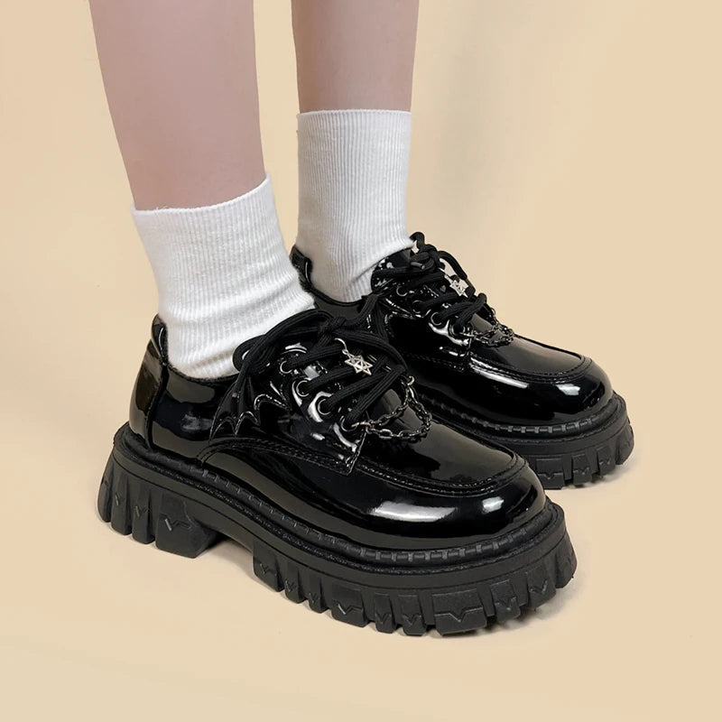 Y2K Grunge Bat Wings Platform Oxford Shoes - 2000s Fashion Statement