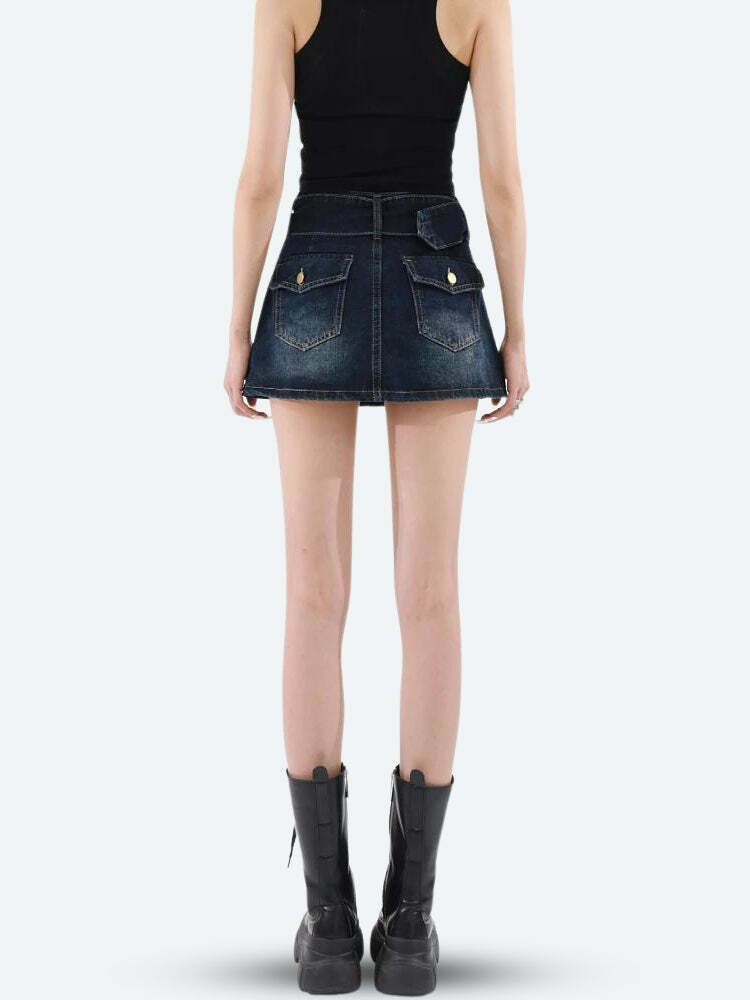 Y2K Grunge Belted Denim Mini Skirt - 2000s Fashion Trendy Style