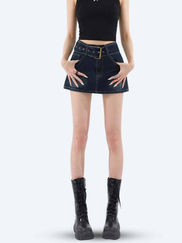 Y2K Grunge Belted Denim Mini Skirt - 2000s Fashion Trendy Style