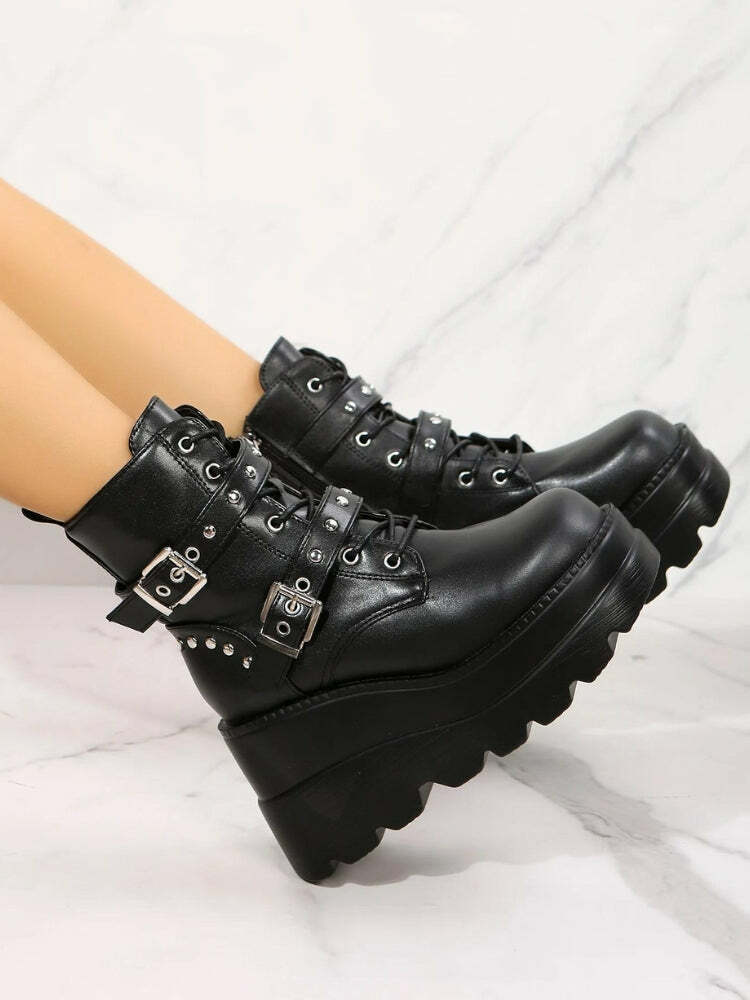 Y2K Grunge Belted Platform Boots - Retro 2000s Fashion Statement