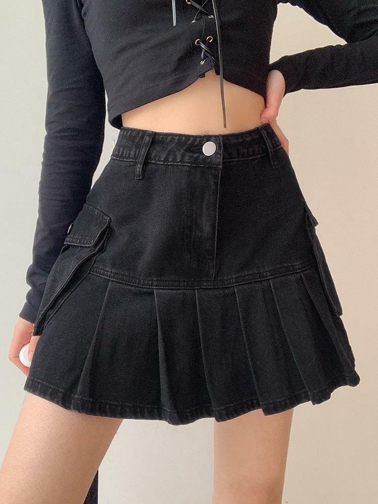 Y2K Grunge Cargo Denim Mini Skirt - Retro 2000s Fashion Essential