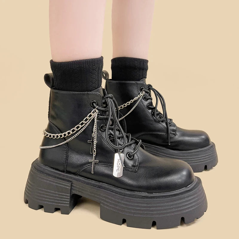 Y2K Grunge Chain Combat Boots with Cross Detail - 2000s Fashion Style