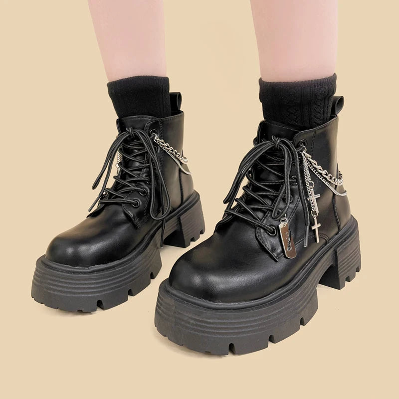 Y2K Grunge Chain Combat Boots with Cross Detail - 2000s Fashion Style