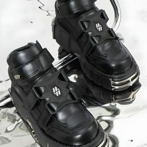 Y2K Grunge Chunky Metal Detailed Platform Boots for 2000s Fashion Aesthetic