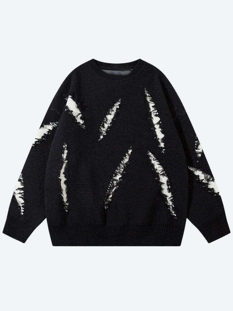 Y2K Grunge Claw Distressed Knitted Sweater - Retro 2000s Fashion Style