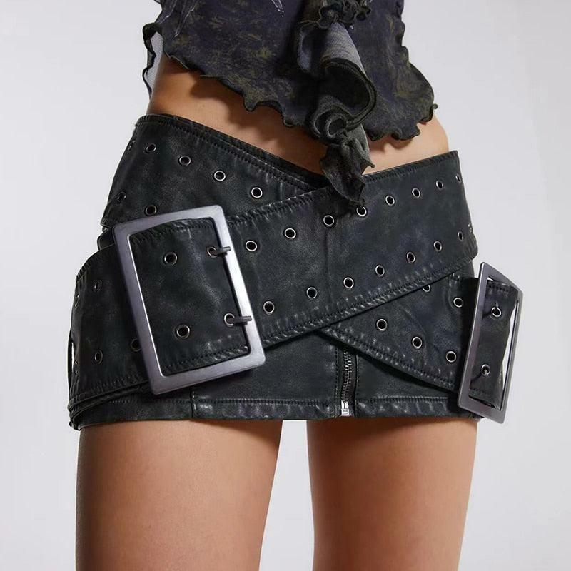 Y2K Grunge Cross Belt Faux Leather Mini Skirt - 2000s Fashion Trend