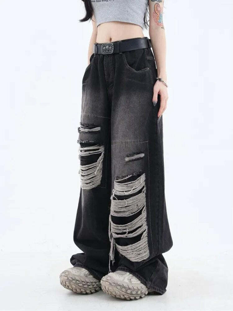 Y2K Grunge Dark Wash Distressed Jeans - Retro 2000s Fashion Essential