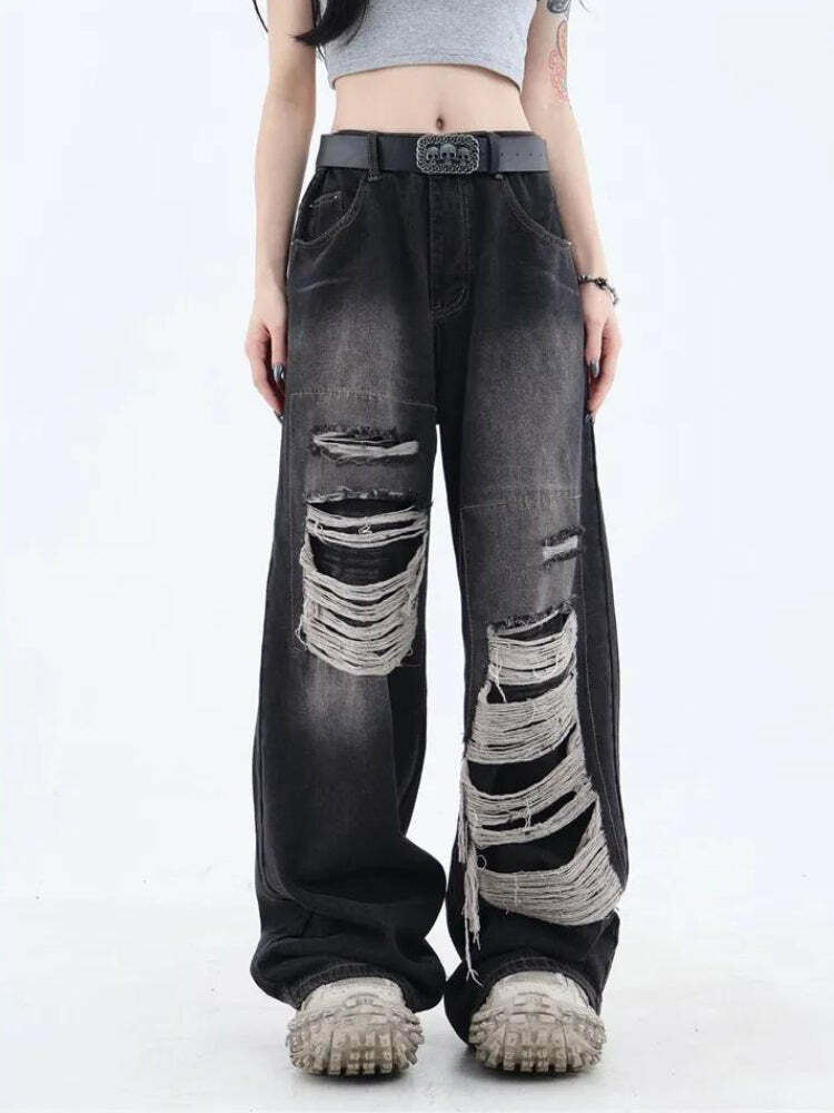 Y2K Grunge Dark Wash Distressed Jeans - Retro 2000s Fashion Essential