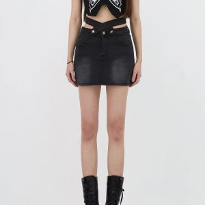 Y2K Grunge Denim Cross Belt Mini Skort - Trendy 2000s Fashion Piece