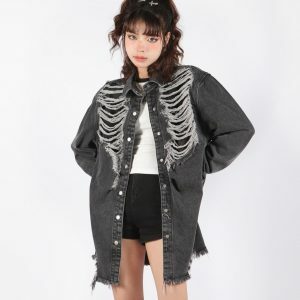 Y2K Grunge Distressed Long Denim Jacket - Retro 2000s Fashion Statement