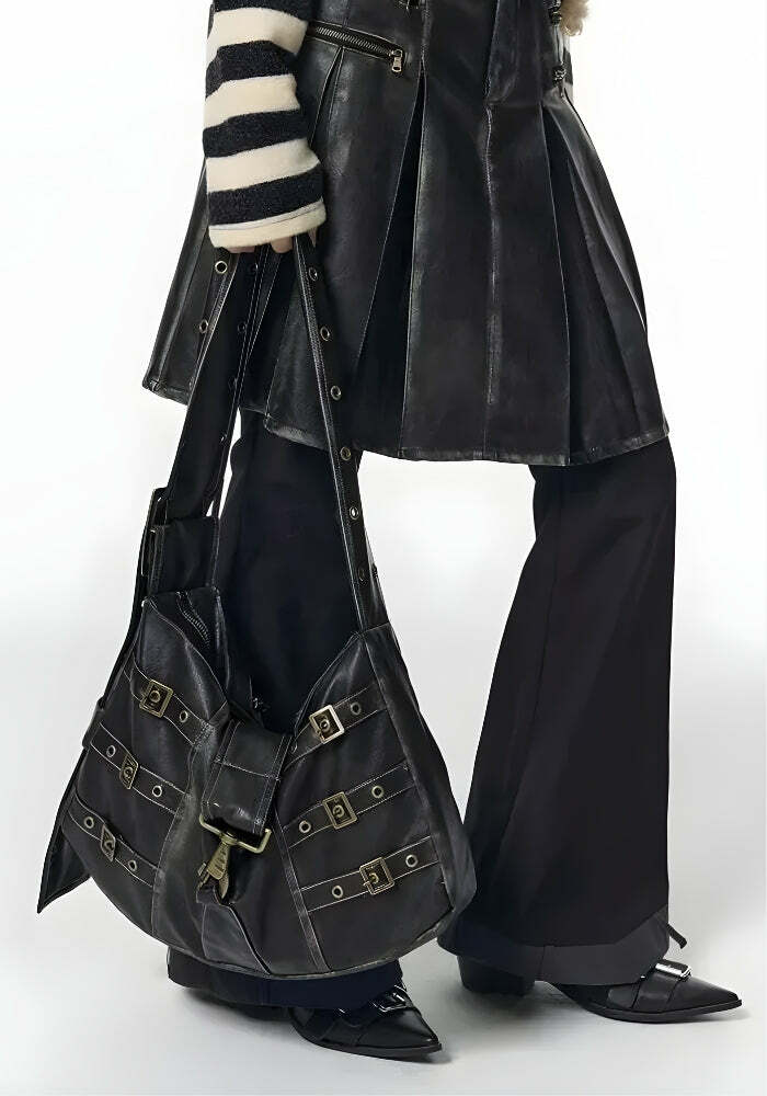 Y2K Grunge Faux Leather Belted Bag - Trendy 2000s Fashion Accessory