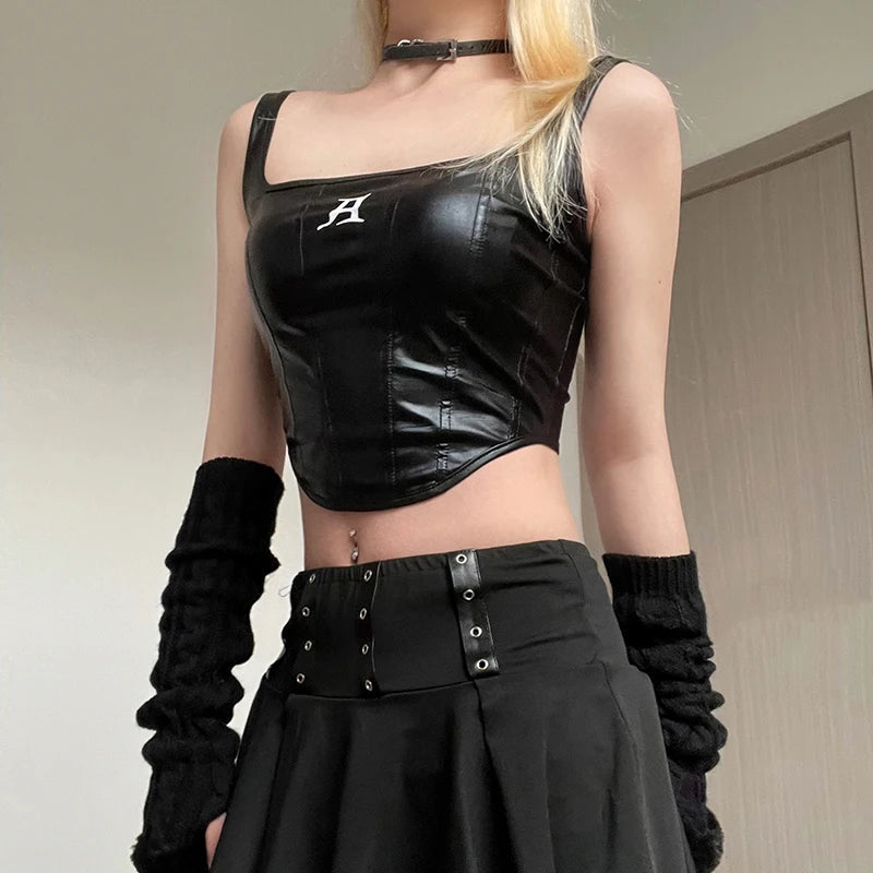 Y2K Grunge Faux Leather Crop Corset Top - 2000s Fashion Aesthetic