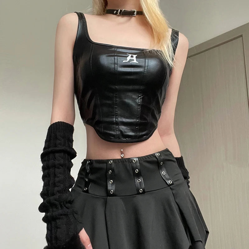 Y2K Grunge Faux Leather Crop Corset Top - 2000s Fashion Aesthetic