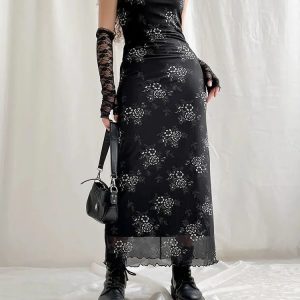 Y2K Grunge Floral Mesh Midi Dress - Retro 2000s Style Outfit