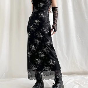 Y2K Grunge Floral Mesh Midi Dress - Retro 2000s Style Outfit