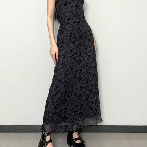 Y2K Grunge Floral Printed Maxi Dress - Retro 2000s Style Outfit