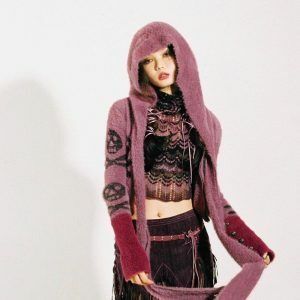 Y2K Grunge Gothic Skull Hooded Cardigan - 2000s Fashion Statement Piece