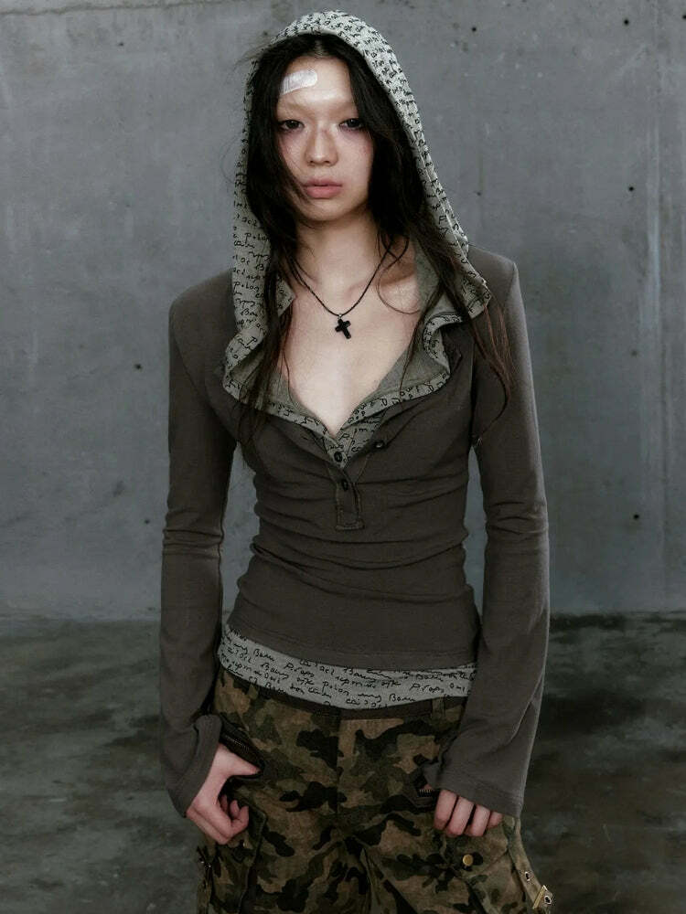 Y2K Grunge Hooded Top: Vintage 2000s Style for Trendy Outfits