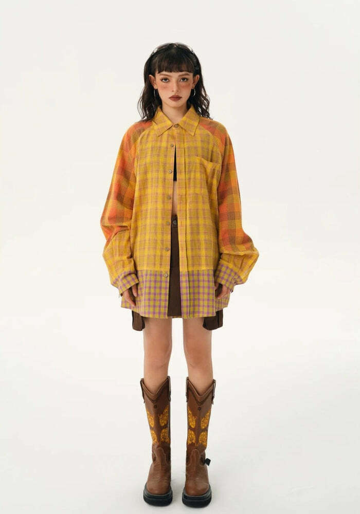 Y2K Grunge Multi-Pattern Plaid Shirt - Retro 2000s Fashion Essential