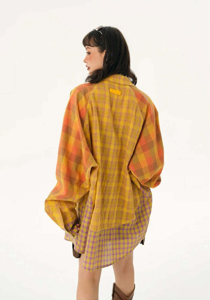 Y2K Grunge Multi-Pattern Plaid Shirt - Retro 2000s Fashion Essential