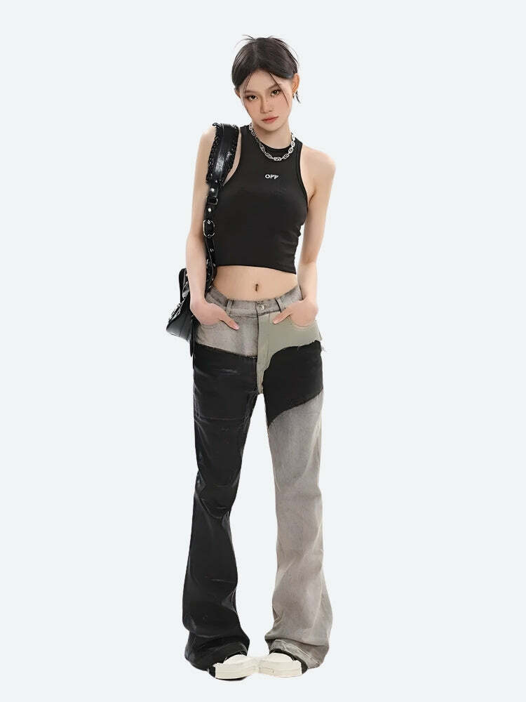 Y2K Grunge Patchwork Flare Pants - Retro 2000s Fashion Statement