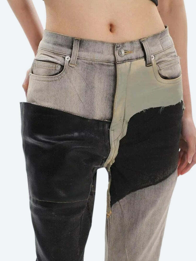 Y2K Grunge Patchwork Flare Pants - Retro 2000s Fashion Statement