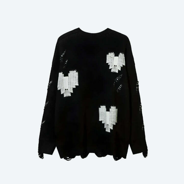 Y2K Grunge Pixel Hearts Knitted Sweater - Retro 2000s Fashion Style