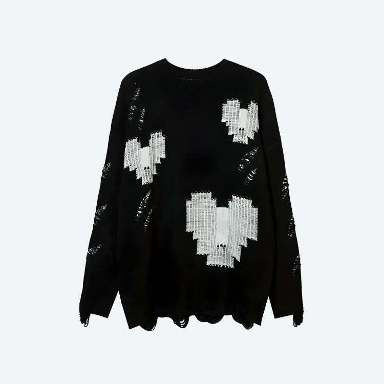 Y2K Grunge Pixel Hearts Knitted Sweater - Retro 2000s Fashion Style