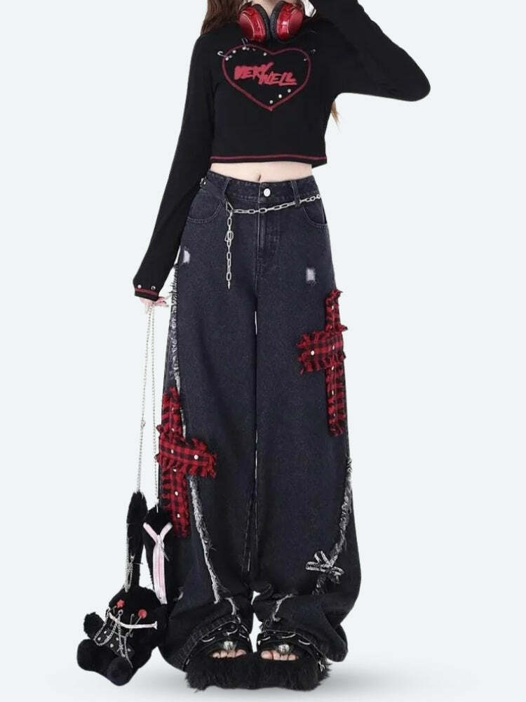 Y2K Grunge Plaid Cross Patch Jeans - Retro 2000s Fashion Statement